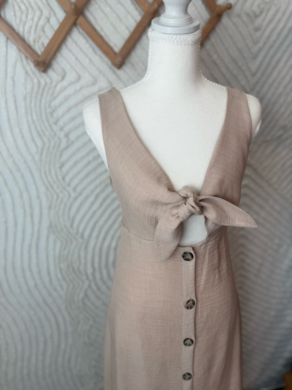 Blue Blush tan colored Tie-Front Button-Down Midi linen blend Dress - Picture 3 of 12